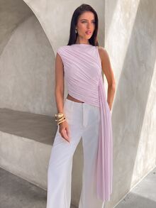 Aloruh Women's Solid Color Pleated Ribbon Design Fitted Fashion Top - Pink - View 5
