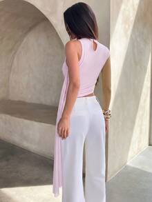 Aloruh Women's Solid Color Pleated Ribbon Design Fitted Fashion Top - Pink - View 2