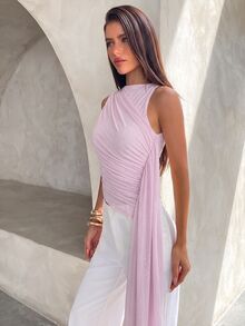 Aloruh Women's Solid Color Pleated Ribbon Design Fitted Fashion Top - Pink - View 6
