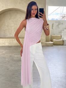 Aloruh Women's Solid Color Pleated Ribbon Design Fitted Fashion Top - Pink - View 7