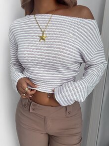 Aloruh New Spicy Girl 休閒不對稱肩簡約百搭條紋寬鬆上身緊身下身顯瘦杏色長袖套頭T恤 - 紫丁香色 - 查看 5