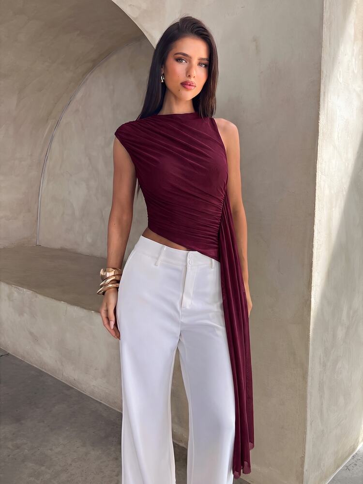 Aloruh Women's Elegant One-Shoulder Ruched Asymmetrical Hem Top With Ribbon - Burgundy - View 4