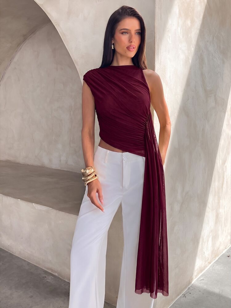 Aloruh Women's Elegant One-Shoulder Ruched Asymmetrical Hem Top With Ribbon - Burgundy - View 5