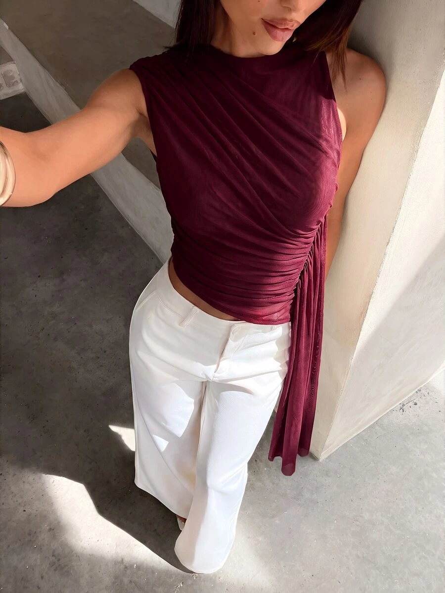 Aloruh 女款優雅單肩抓褶不對稱下擺上衣,附緞帶 - 酒紅色 - 查看 1