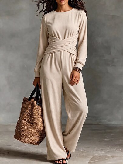 Omancia Women's Ribbed Jumpsuit, Round Neck Long Sleeve Petal Sleeve Criss-Cross Tie Waist Wide Leg Pants, Casual Minimalist Daily Commute Date Spring Autumn Outfit