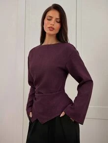 Aloruh 女款秋冬新款極簡時尚通勤腰部百褶顯瘦不對稱下擺長袖喇叭袖V領套頭上衣 - 紫色 - 查看 5