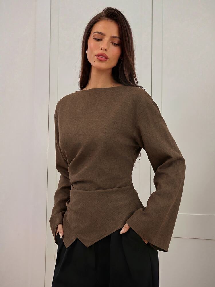 Aloruh Women's Autumn/Winter New Minimalist Fashion Commuter Waist Pleated Slimming Asymmetric Hem Long Sleeve Bell Sleeve V-Neck Pullover Blouse - Mocha Brown - View 5