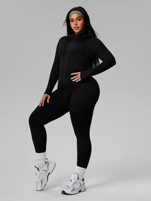 Rhythm Era Plus Size Women Seamless Ribbed Zipper Long Sleeve Top And Pants Workout Set,Tummy Control Athletic Gym Clothes,Black Winter Chic Curve Activewear - Black - View 7