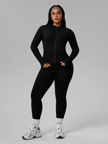 Rhythm Era Plus Size Women Seamless Ribbed Zipper Long Sleeve Top And Pants Workout Set,Tummy Control Athletic Gym Clothes,Black Winter Chic Curve Activewear - Black - View 5