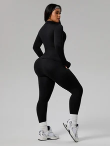 Rhythm Era Plus Size Women Seamless Ribbed Zipper Long Sleeve Top And Pants Workout Set,Tummy Control Athletic Gym Clothes,Black Winter Chic Curve Activewear - Black - View 2