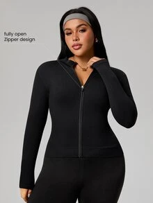 Rhythm Era Plus Size Women Seamless Ribbed Zipper Long Sleeve Top And Pants Workout Set,Tummy Control Athletic Gym Clothes,Black Winter Chic Curve Activewear - Black - View 4