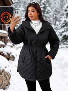 SHEIN EZwear 大尺碼女款純色前拉鍊連帽厚款冬季外套 - 黑色 - 查看 6