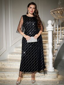 Reflora Plus Size Fashion Party Sequin Mesh Dress - Black - View 6