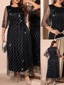 Reflora Plus Size Fashion Party Sequin Mesh Dress - Black - View 8