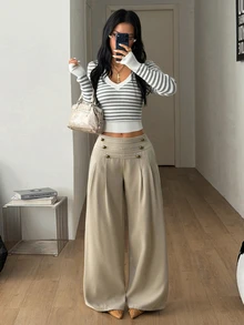 Coolane 女款鈕扣與蝴蝶結時尚百褶寬鬆長褲 - 卡其色 - 查看 8