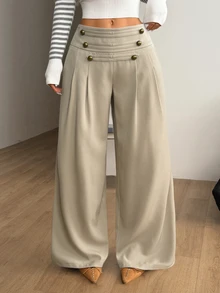 Coolane 女款鈕扣與蝴蝶結時尚百褶寬鬆長褲 - 卡其色 - 查看 4