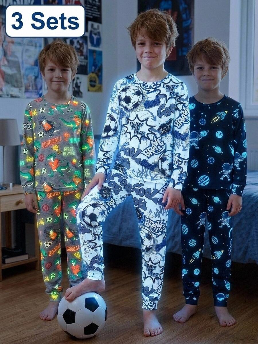 SHEIN 6pcs Kids Tween Boy Casual Daily Versatile Comfortable Space Pattern Football Pattern Dinosaur Pattern Crew Neck Loose Long Sleeve Pajamas Pants Knit Fitted Loungewear Set - Multicolor - View 1