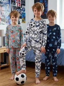 SHEIN 6pcs Kids Tween Boy Casual Daily Versatile Comfortable Space Pattern Football Pattern Dinosaur Pattern Crew Neck Loose Long Sleeve Pajamas Pants Knit Fitted Loungewear Set - Multicolor - View 9
