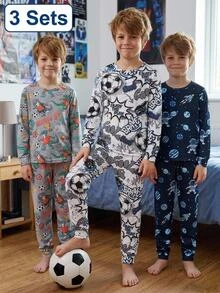 SHEIN 6pcs Kids Tween Boy Casual Daily Versatile Comfortable Space Pattern Football Pattern Dinosaur Pattern Crew Neck Loose Long Sleeve Pajamas Pants Knit Fitted Loungewear Set - Multicolor - View 4