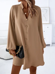 SHEIN LUNE Notched Neckline Lantern Sleeve Button Front Dress Fall Cloth For Women - Khaki - View 6