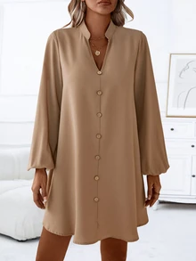 SHEIN LUNE Notched Neckline Lantern Sleeve Button Front Dress Fall Cloth For Women - Khaki - View 3