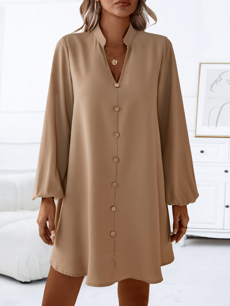 SHEIN LUNE Notched Neckline Lantern Sleeve Button Front Dress Fall Cloth For Women - Khaki - View 3