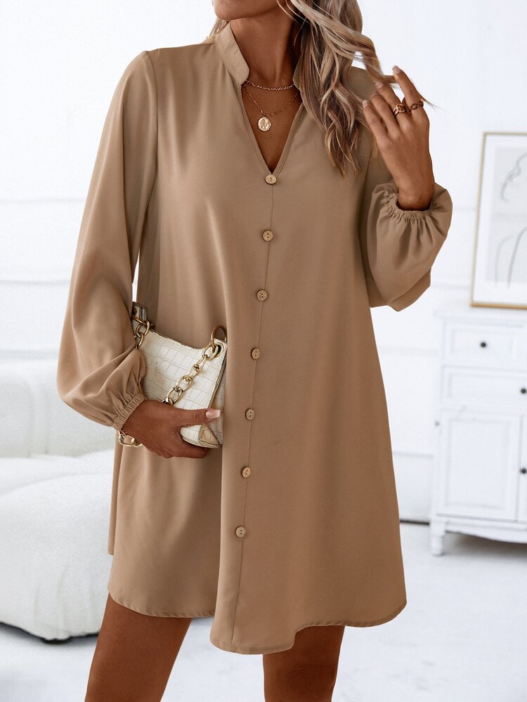 SHEIN LUNE Notched Neckline Lantern Sleeve Button Front Dress Fall Cloth For Women - Khaki - View 4