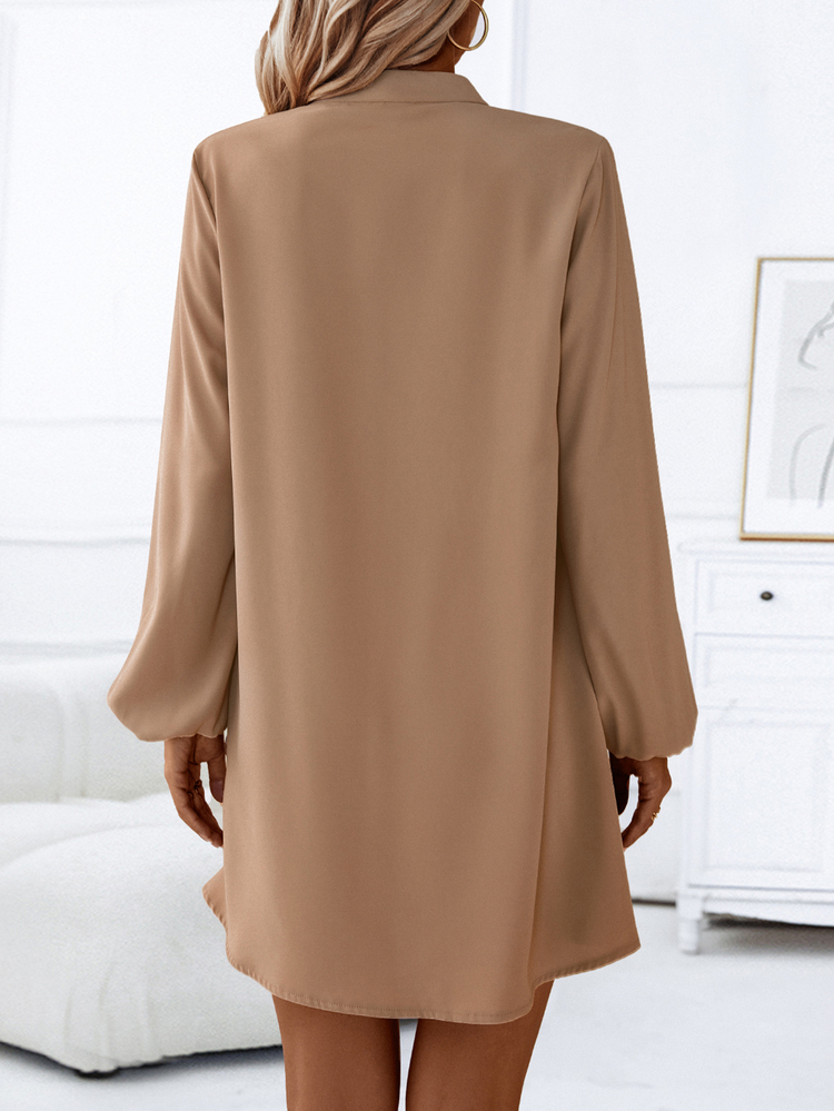 SHEIN LUNE Notched Neckline Lantern Sleeve Button Front Dress Fall Cloth For Women - Khaki - View 2