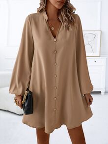 SHEIN LUNE Notched Neckline Lantern Sleeve Button Front Dress Fall Cloth For Women - Khaki - View 1