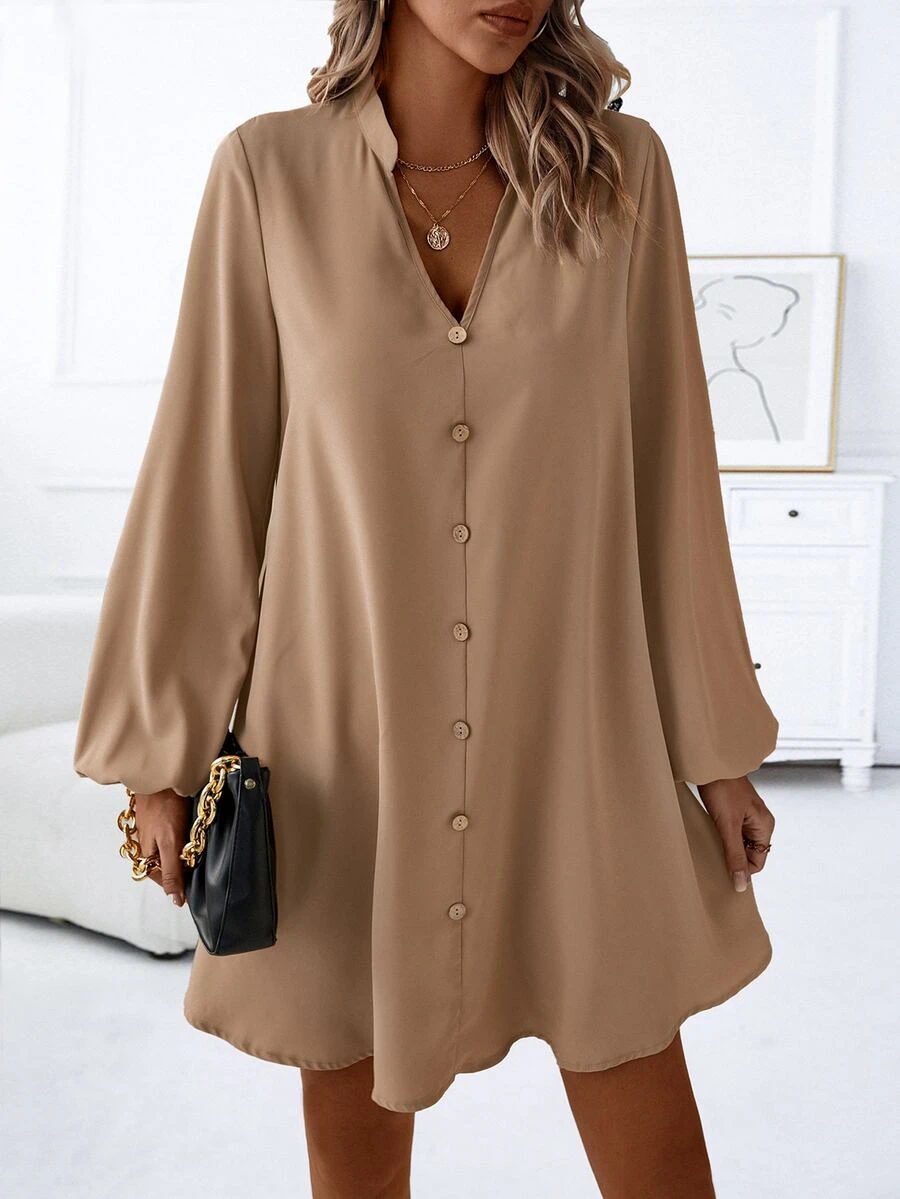 SHEIN LUNE Notched Neckline Lantern Sleeve Button Front Dress Fall Cloth For Women - Khaki - View 1