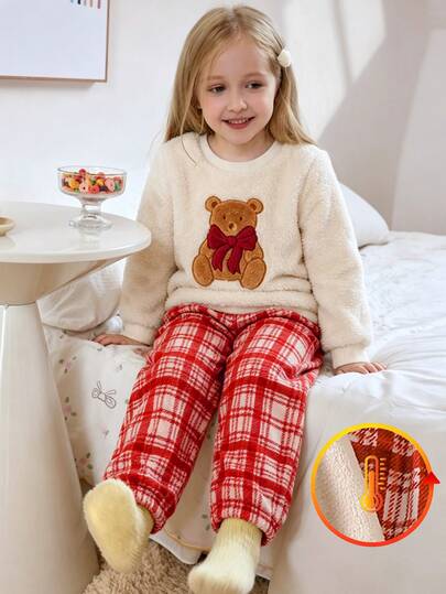 2pcs/Set Toddler Girls Ribbed Crew Neck Apricot Top With Cute Cartoon Bear Patch Embroidery And Red Plaid Straight Leg Pants, Simple Casual Comfortable Soft Loungewear Set For Winter