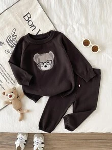 SHEIN 男嬰深棕色熊圖案提花圓領套頭毛衣套裝 秋季 柔軟中厚面料 適合可愛日系風格家庭穿搭 - 咖啡棕 - 查看 4