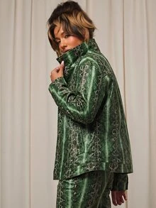 NYA SZN 女款蛇紋印花長袖單排扣休閒牛仔夾克 - 綠色 - 查看 7