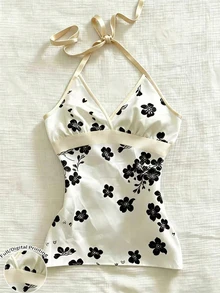 Sundraya 女款花卉印花時尚掛脖背心上衣，適合度假穿著 - 白色 - 查看 4