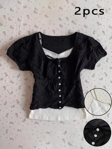 Sundraya Puff Sleeve Cardigan V-Neck Camisole Women's 2 Pieces Set Back-To-School Black Dark Blue Summer Cute Retro Vintage 70s 80s Everyday - Black and White - View 4