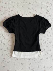 Sundraya Puff Sleeve Cardigan V-Neck Camisole Women's 2 Pieces Set Back-To-School Black Dark Blue Summer Cute Retro Vintage 70s 80s Everyday - Black and White - View 5
