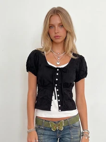 Sundraya Puff Sleeve Cardigan V-Neck Camisole Women's 2 Pieces Set Back-To-School Black Dark Blue Summer Cute Retro Vintage 70s 80s Everyday - Black and White - View 2
