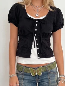 Sundraya Puff Sleeve Cardigan V-Neck Camisole Women's 2 Pieces Set Back-To-School Black Dark Blue Summer Cute Retro Vintage 70s 80s Everyday - Black and White - View 3
