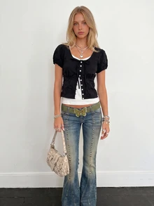 Sundraya Puff Sleeve Cardigan V-Neck Camisole Women's 2 Pieces Set Back-To-School Black Dark Blue Summer Cute Retro Vintage 70s 80s Everyday - Black and White - View 1