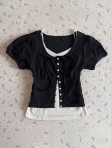 Sundraya Puff Sleeve Cardigan V-Neck Camisole Women's 2 Pieces Set Back-To-School Black Dark Blue Summer Cute Retro Vintage 70s 80s Everyday - Black and White - View 6