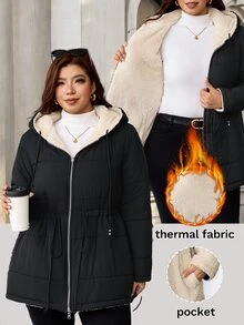 SHEIN Clasi 大尺碼冬季休閒保暖內裡連帽夾克 - 黑色 - 查看 1