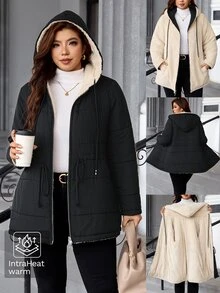 SHEIN Clasi 大尺碼冬季休閒保暖內裡連帽夾克 - 黑色 - 查看 11