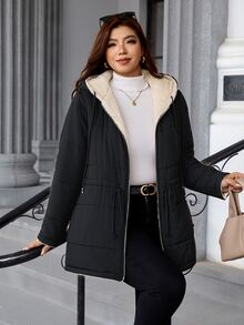 SHEIN Clasi 大尺碼冬季休閒保暖內裡連帽夾克 - 黑色 - 查看 3