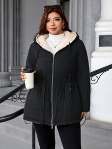 SHEIN Clasi 大尺碼冬季休閒保暖內裡連帽夾克 - 黑色 - 查看 4