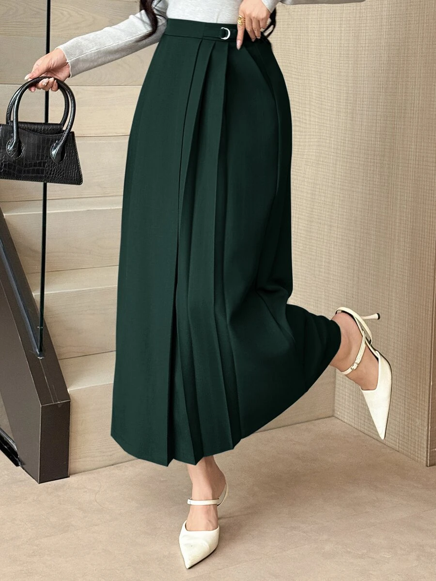 DAZY Women's Fashion Versatile High Waist A-Line Pleated Skirt - Dark Green - View 1
