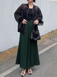 DAZY Women's Fashion Versatile High Waist A-Line Pleated Skirt - Dark Green - View 3