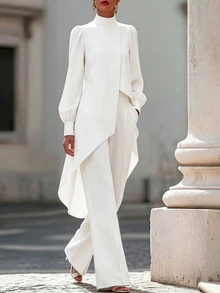 SHEIN Women's Solid Color Stand Collar Puff Long Sleeve Asymmetrical Hem Blouse And Wide Leg Pants Elegant 2 Pieces Set - White - View 4
