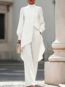 SHEIN Women's Solid Color Stand Collar Puff Long Sleeve Asymmetrical Hem Blouse And Wide Leg Pants Elegant 2 Pieces Set - White - View 3