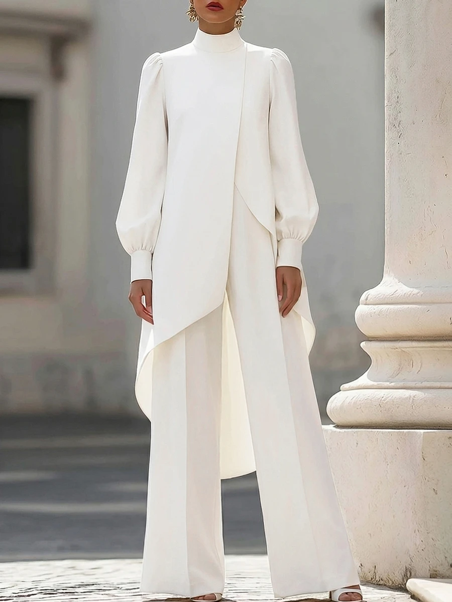 SHEIN Women's Solid Color Stand Collar Puff Long Sleeve Asymmetrical Hem Blouse And Wide Leg Pants Elegant 2 Pieces Set - White - View 1