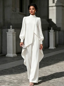 SHEIN Women's Solid Color Stand Collar Puff Long Sleeve Asymmetrical Hem Blouse And Wide Leg Pants Elegant 2 Pieces Set - White - View 5